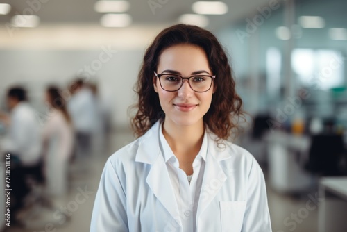 Beautiful young woman scientist wearing white coat in a laboratory