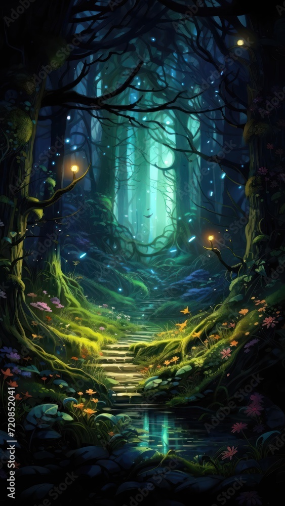 Night forest with a path leading to the moon, vector illustration. Generative AI