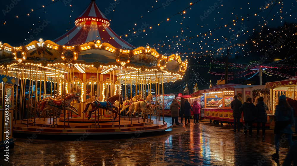 thousands of twinkling lights, reflections on a carousel, crowds enjoying the festive atmosphere, detailed views of food vendors thousands of twinkling lights, reflections on a carousel, crowds enjoying the festive atmosphere, detailed views of food vendors