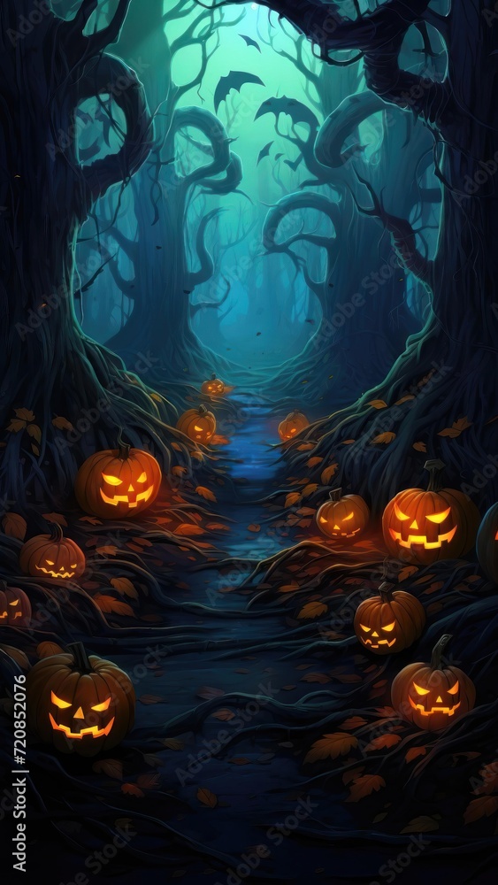 Halloween background with pumpkins in a dark forest. illustration. Generative AI
