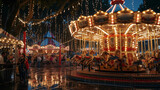 thousands of twinkling lights, reflections on a carousel, crowds enjoying the festive atmosphere, detailed views of food vendors
