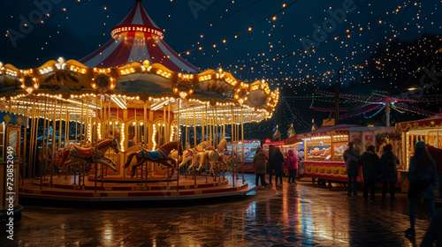 thousands of twinkling lights, reflections on a carousel, crowds enjoying the festive atmosphere, detailed views of food vendors