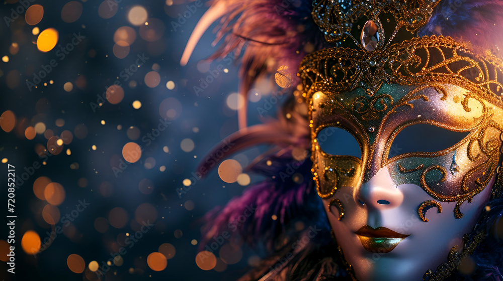 theatrical flyer or banner for the Venice carnival, mask on a dark background with space for text theatrical flyer or banner for the Venice carnival, mask on a dark background with space for text