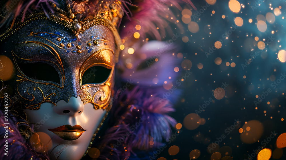 theatrical flyer or banner for the Venice carnival, mask on a dark background with space for text theatrical flyer or banner for the Venice carnival, mask on a dark background with space for text