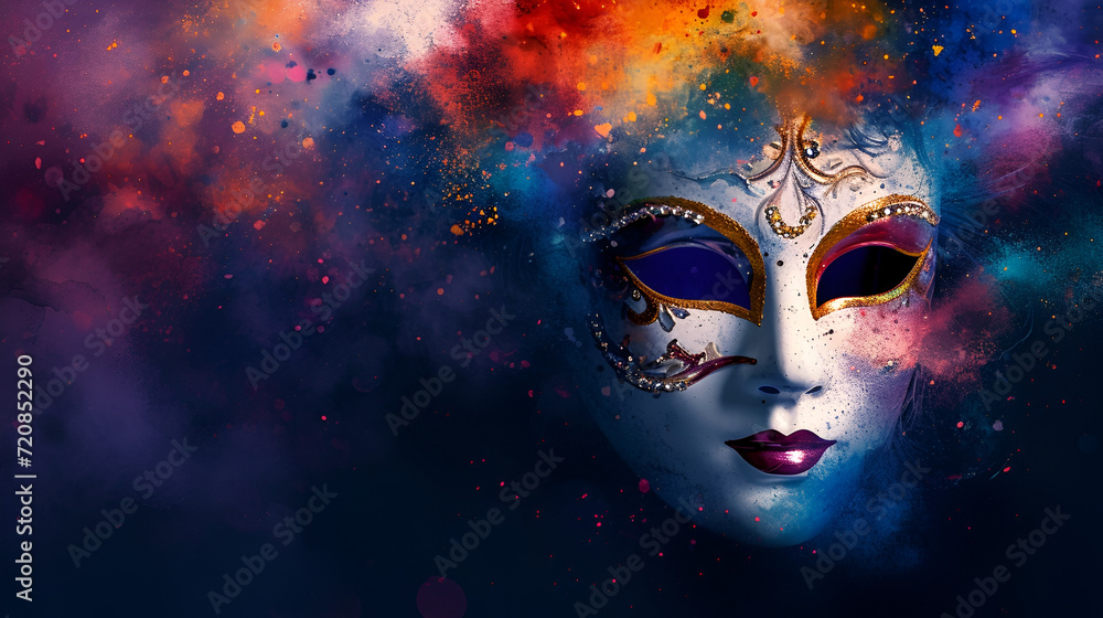  theatrical flyer or banner for the Venice carnival, mask on a dark background with space for text