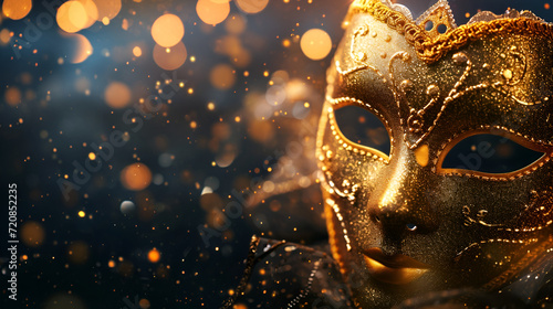  Venetian carnival theater flyer or banner, golden mask on dark background and bokeh with space for text © katerinka