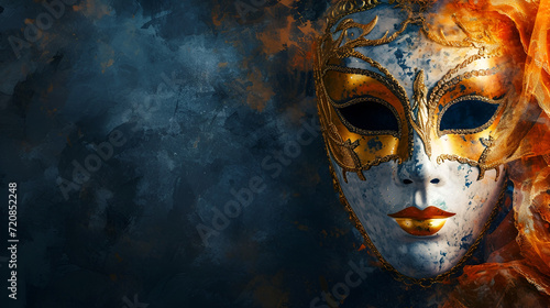  theatrical flyer or banner for the Venice carnival, mask on a dark background with space for text