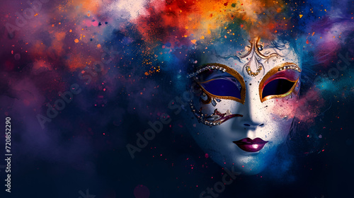  theatrical flyer or banner for the Venice carnival  mask on a dark background with space for text