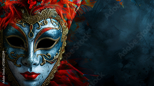  theatrical flyer or banner for the Venice carnival, mask on a dark background with space for text