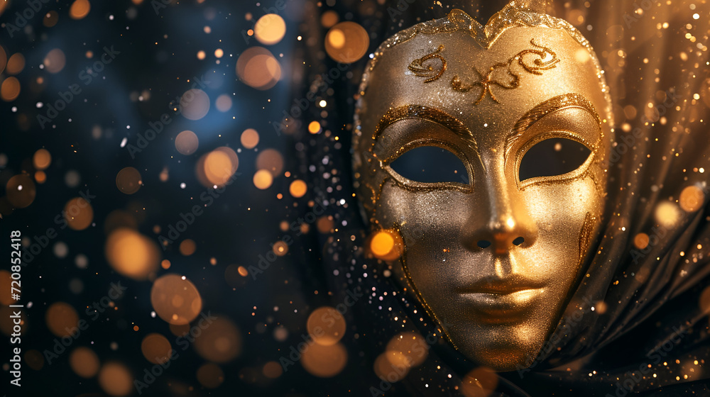 Venetian carnival theater flyer or banner, golden mask on dark background and bokeh with space for text