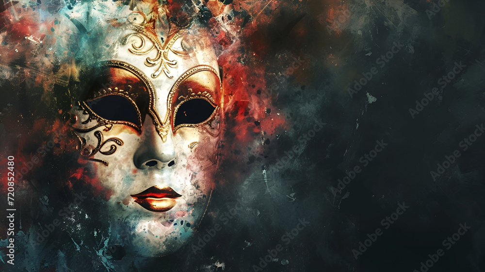 theatrical flyer or banner for the Venice carnival, mask on a dark background with space for text theatrical flyer or banner for the Venice carnival, mask on a dark background with space for text