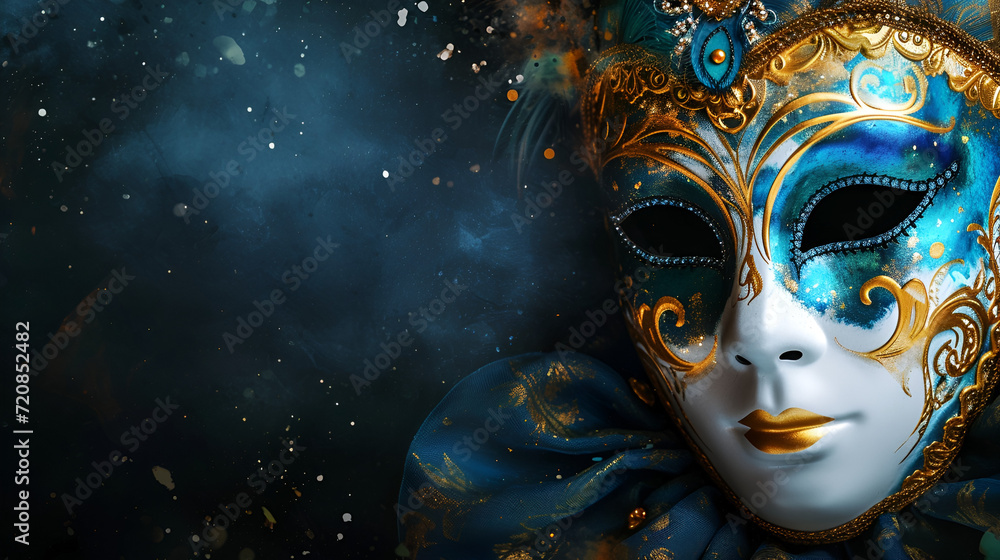 theatrical flyer or banner for the Venice carnival, mask on a dark background with space for text