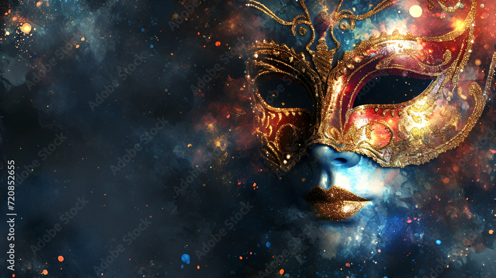 theatrical flyer or banner for the Venice carnival, mask on a dark background with space for text - obrazy, fototapety, plakaty 