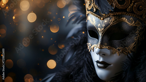theatrical flyer or banner for the Venice carnival, mask on a dark background with space for text with bokeh
