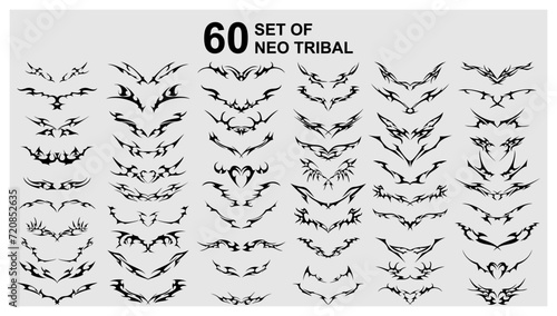 Vector set Neo tribal shape. Gothic Y2K sharp elements, abstract symmetrical design, various decorative elements. Acid Neo-tribal shapes. Tattoo. Neo Gothic. Organic fluid shapes. Brutality futuristic