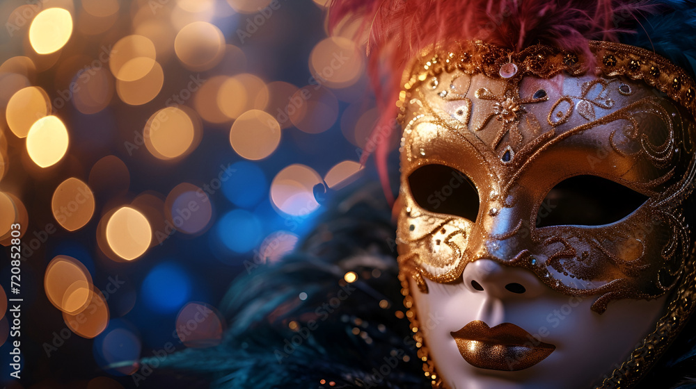 theatrical flyer or banner for the Venice carnival, mask on a dark background with space for text with bokeh