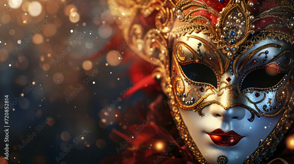 golden mask on a dark background with space for text, an invitation to the theater or a flyer for the Venice carnival on a dark background