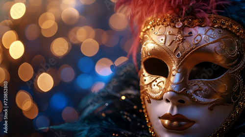 theatrical flyer or banner for the Venice carnival, mask on a dark background with space for text with bokeh © katerinka
