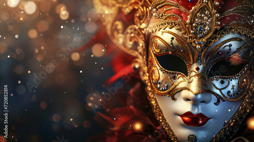 golden mask on a dark background with space for text, an invitation to the theater or a flyer for the Venice carnival on a dark background © katerinka