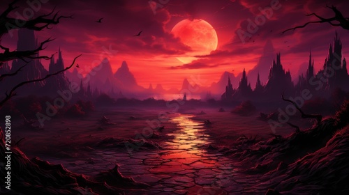 Enigmatic Red Moonrise in a Mystical Purple Landscape