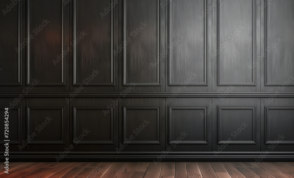 Empty black dark brown wall mock up, with panels. Victorian style background Empty black dark brown wall mock up, with panels. Victorian style background