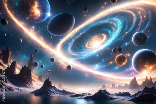 An Alien planets deep space landscape, a galactic scene unfolds, showcasing a colorful space starfield, nebula, and planets adorned with bright energy and futuristic design