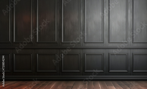Empty black dark brown wall mock up, with panels. Victorian style background
