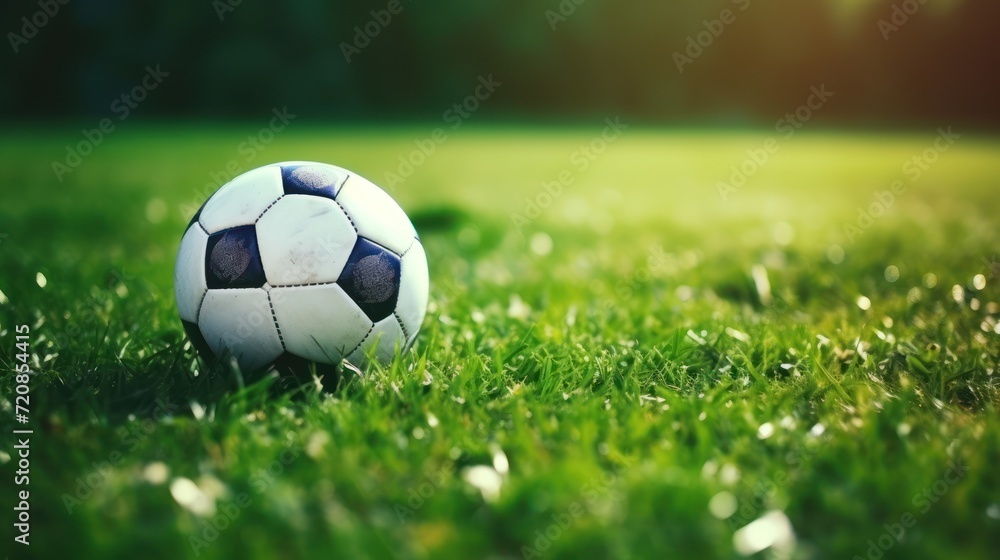 Soccer ball on green grass. Soccer ball on the field. Generative AI