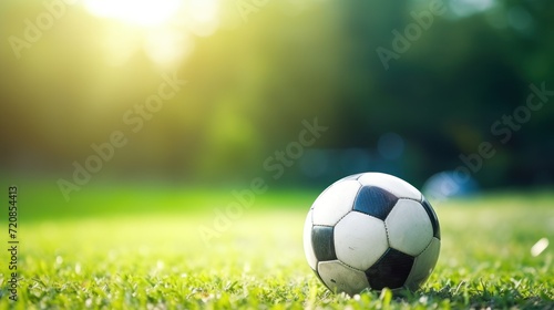Soccer ball on the green grass field with bokeh background Generative AI © Alex