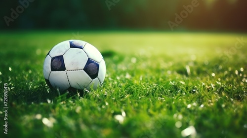 Soccer ball on green grass. Soccer ball on the field. Generative AI © Alex