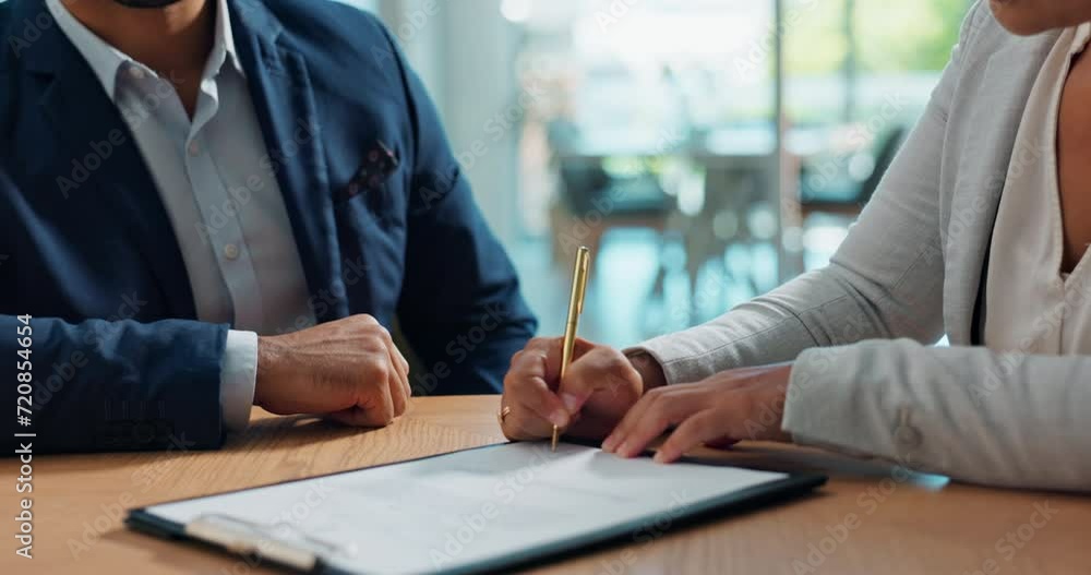 Business hands, clients and documents signature for legal contract, agreement and office consultation. Notary, advisor or people writing on paper for funding, terms and conditions or life insurance