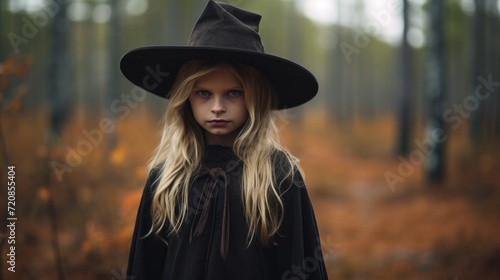 Beautiful young woman in black witch halloween costume in autumn forest Generative AI © Alex