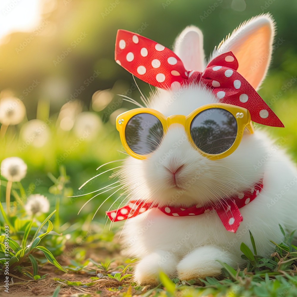 Easter bunny wearing sunglasses and bow tie sitting in the grass