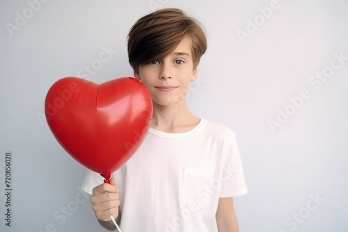 Boy holding a heart-shaped balloon on a white background isolated on white © o1559kip