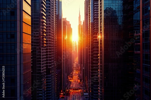 Sun Setting Behind Tall Buildings in a City