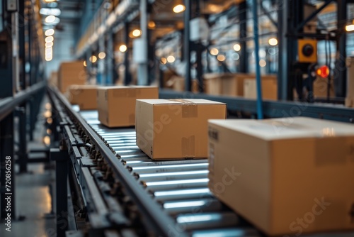 Boxes on Conveyor Belt in Warehouse