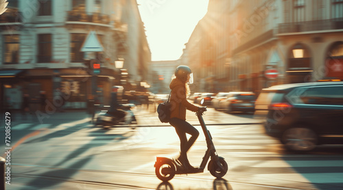 Fototapeta Naklejka Na Ścianę i Meble -  A person riding a scooter on a bustling city street. Perfect for urban lifestyle or transportation concepts