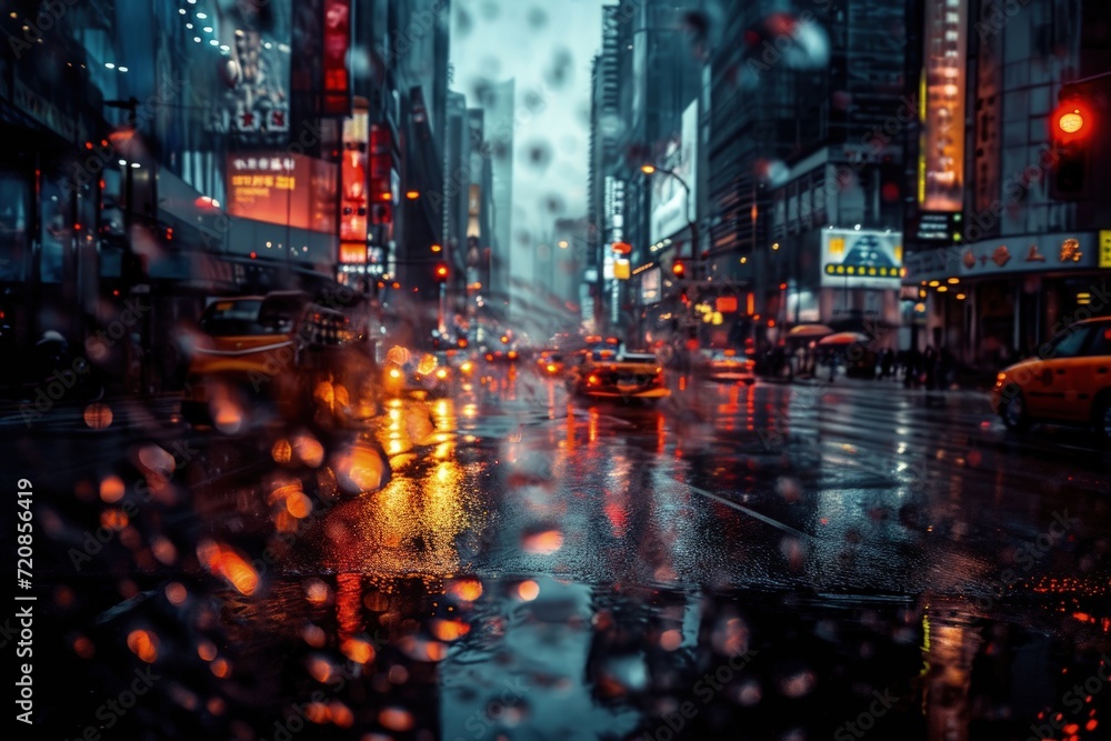 Rain-soaked City Street Filled With Heavy Traffic