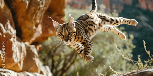 A playful wild cat leaps over a rugged rock in the untamed wilderness. Generative AI.