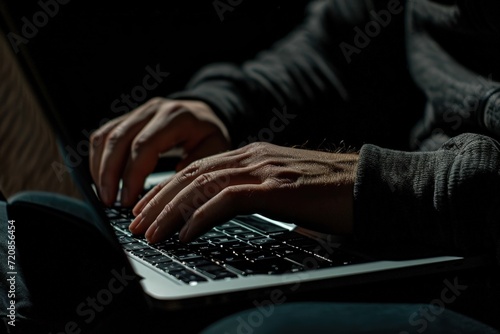 Person Typing on Laptop in Dimly Lit Room