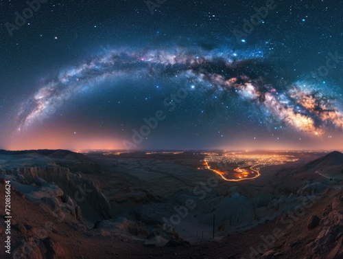 A breathtaking panoramic view of the night sky reveals a galaxy stretching across the horizon. Generative AI. © serg3d