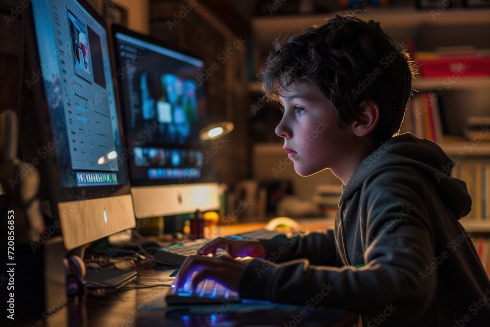 Young Boy Sitting in Front of Computer Monitor
