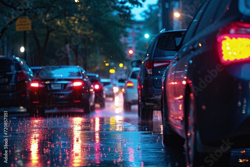 Busy City Street With Heavy Traffic on Rainy Day © Ilugram