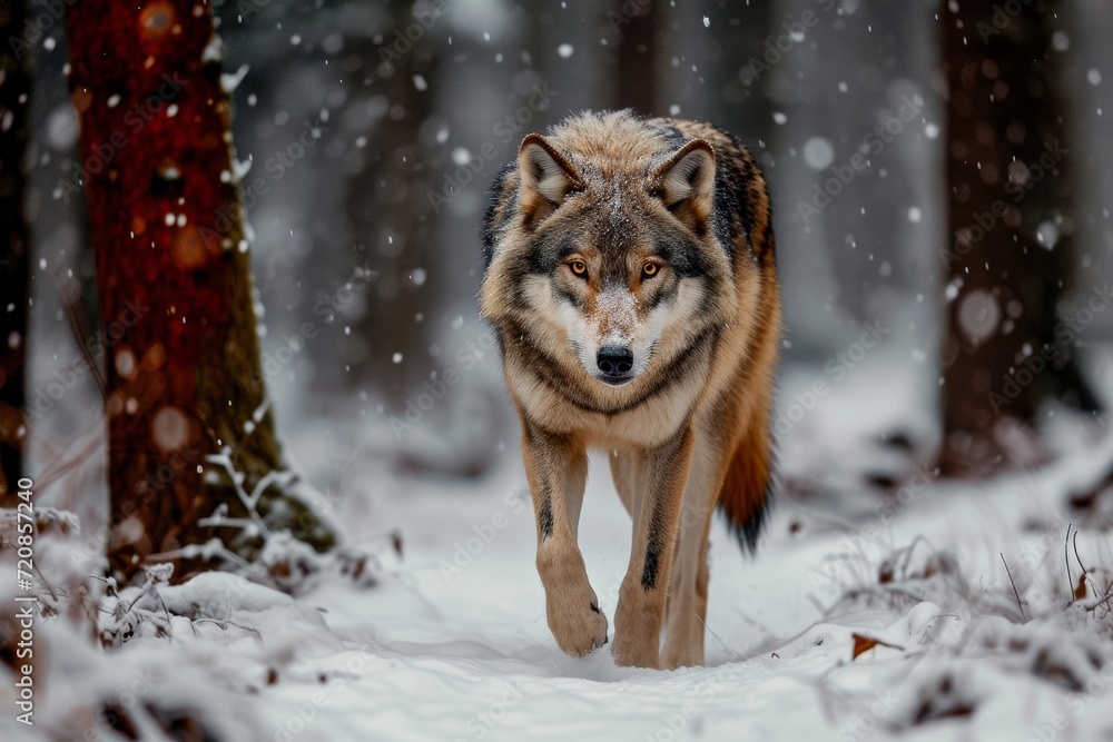 A majestic red wolf braves the freezing winter, standing tall in a ...