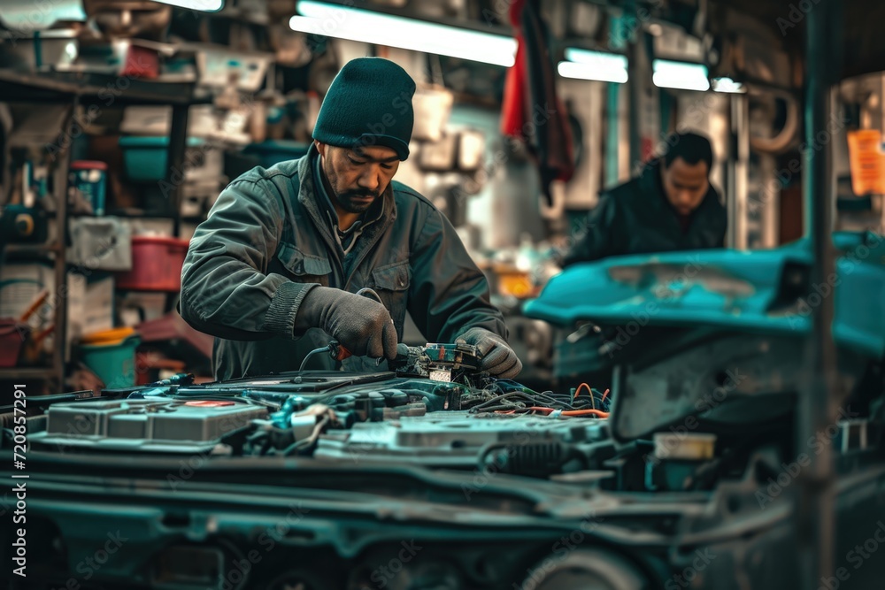 Two Men Working on a Car in a Garage