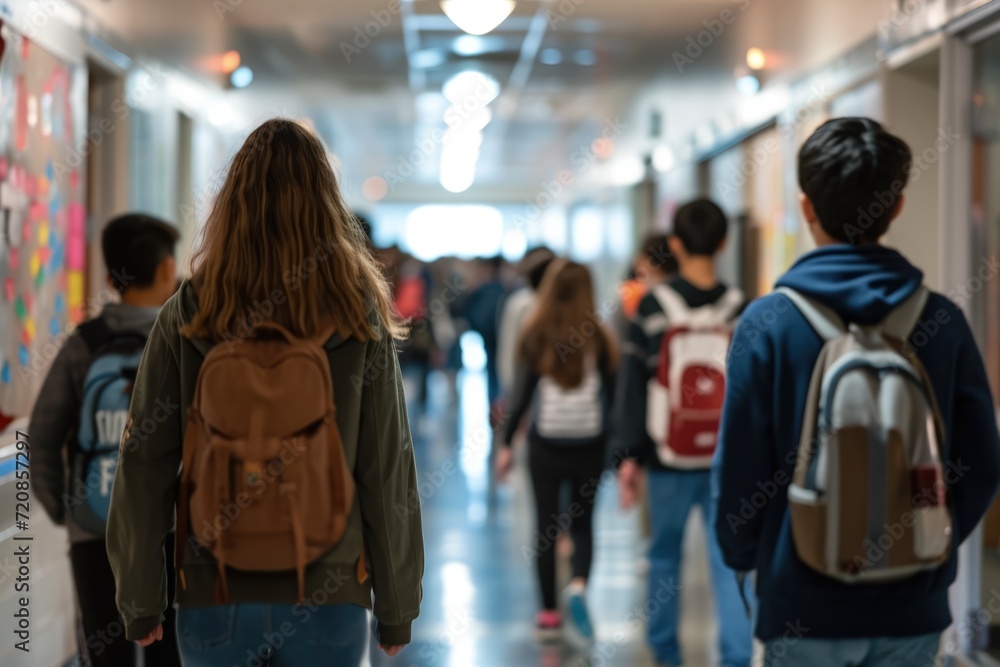 Group of Young People Walking Down a School Hallway