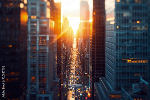 Setting Sun Casting a Warm Glow on Tall City Buildings