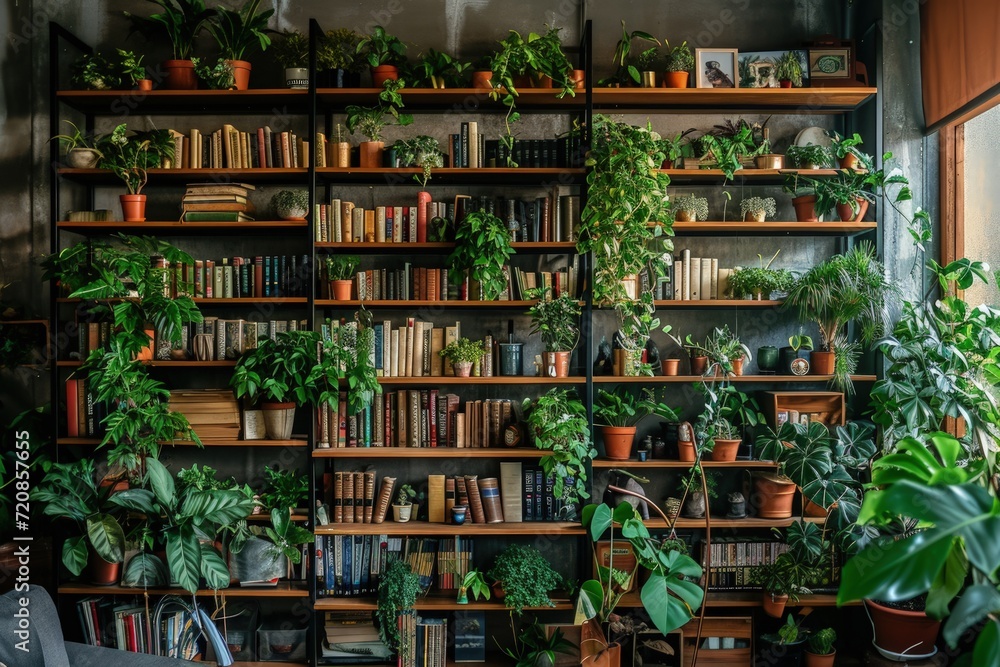 Abundant Vegetation and a Collection of Books Fill a Room
