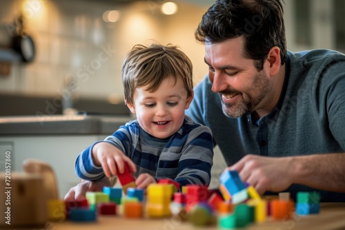 Man and Child Playing With Blocks