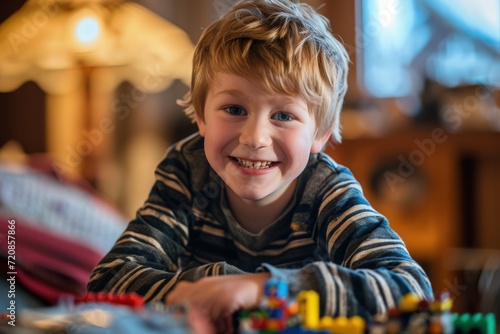 Young Boy Engages in Creative Play With Legos on Table